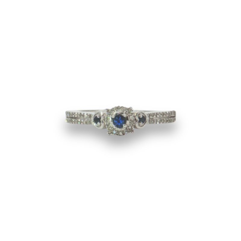3 Stone Halo Sapphire and Diamond Ring, 14kt White