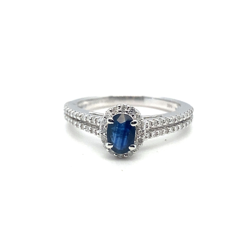 6x4mm Oval Sapphire and 0.33ct Diamond Halo Split Shank Ring