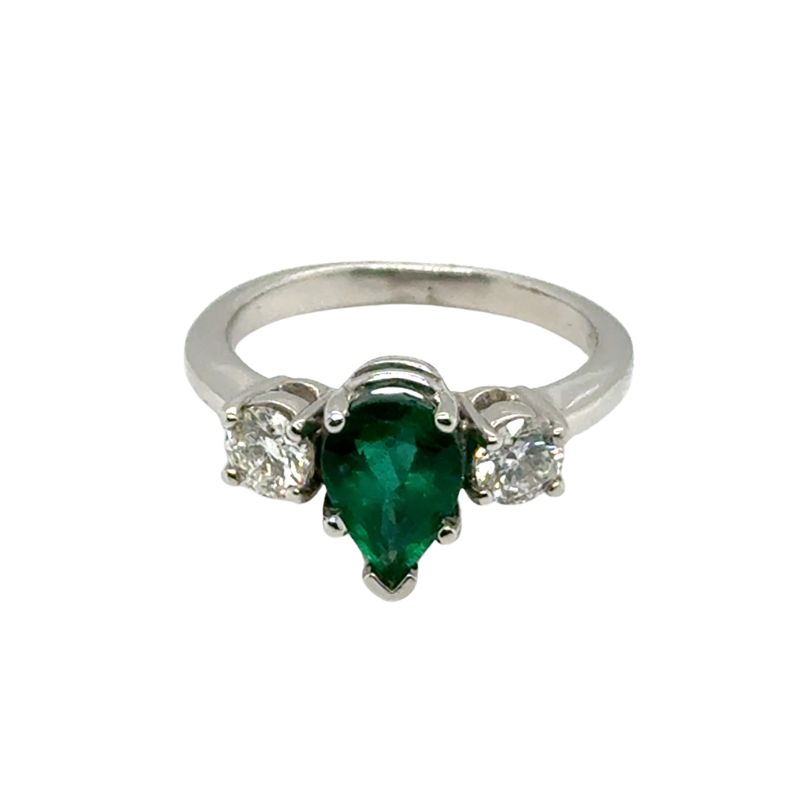 Three Stone Diamond and Pear Shape Emerald Ring, Platinum - Image 2