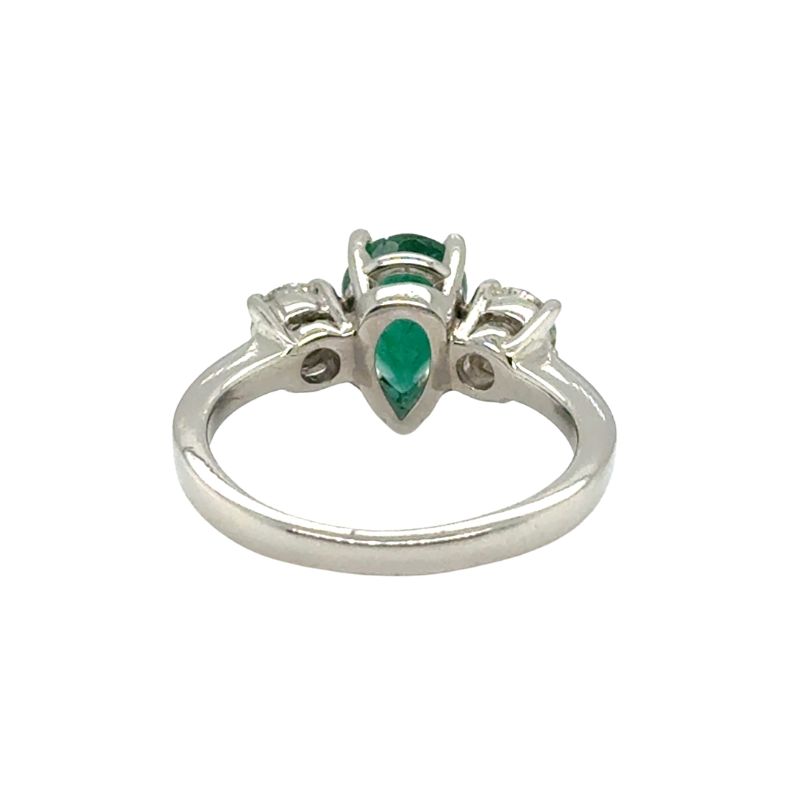 Three Stone Diamond and Pear Shape Emerald Ring, Platinum - Image 4