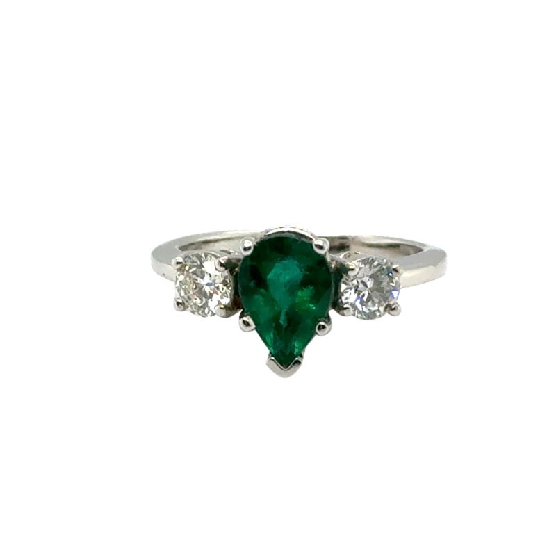 Three Stone Diamond and Pear Shape Emerald Ring, Platinum