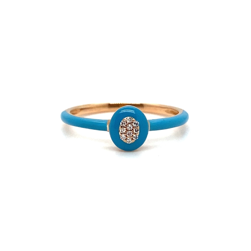 Oval Diamond Pave Turquoise Enamel Fashion Ring, 14kt Rose Gold