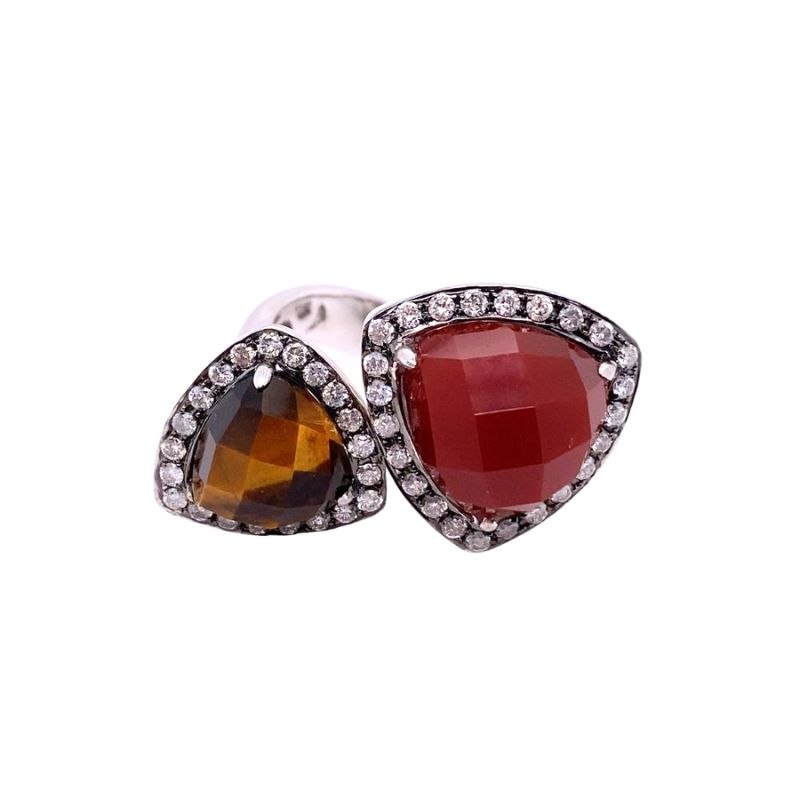 By-Pass Gemstone Ring with Carnelian and Tiger's Eye Stones, 18kt white gold
