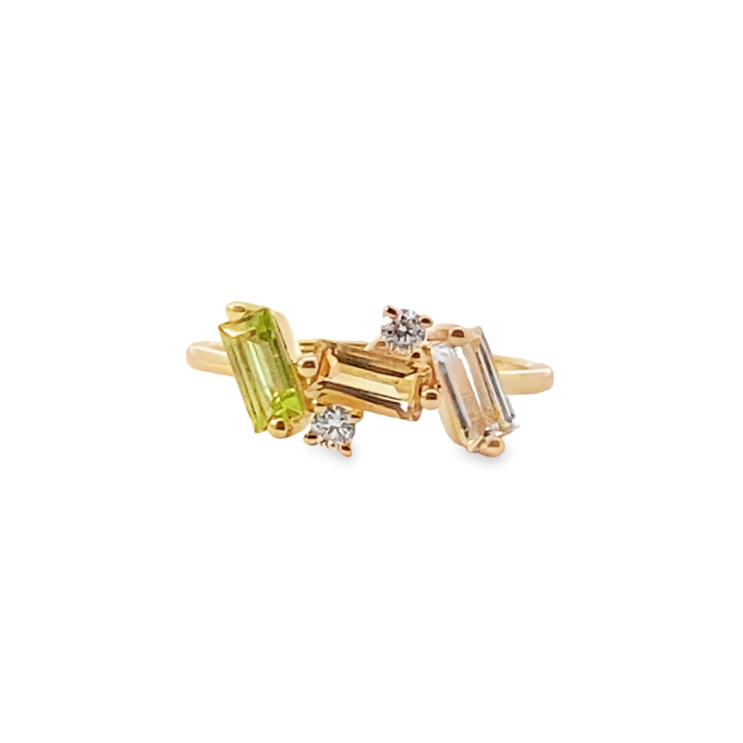 18KT Yellow Gold Ring with Peridot, Citrine and Diamonds.