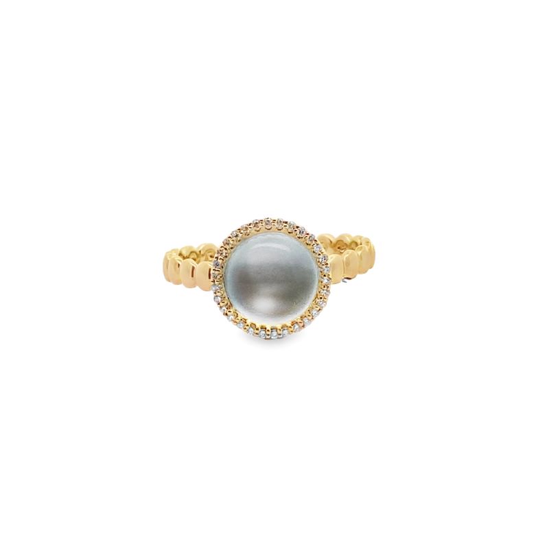 18KT Yellow Gold Ring Sky Blue Topaz Mother of Pearl with Diamonds