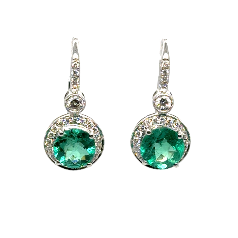 3.50ctw AAA Round Emerald Halo Drop Earrings, 18kt