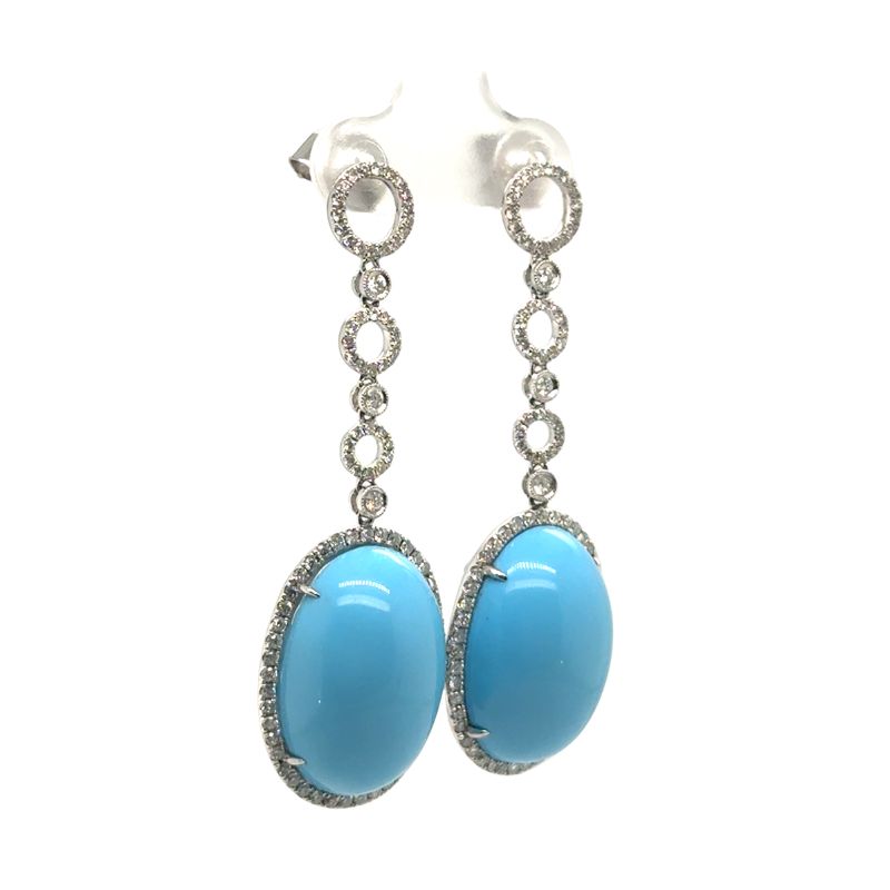 White Gold Turquoise Cabochon and Diamond Halo Drop Earrings - Image 2