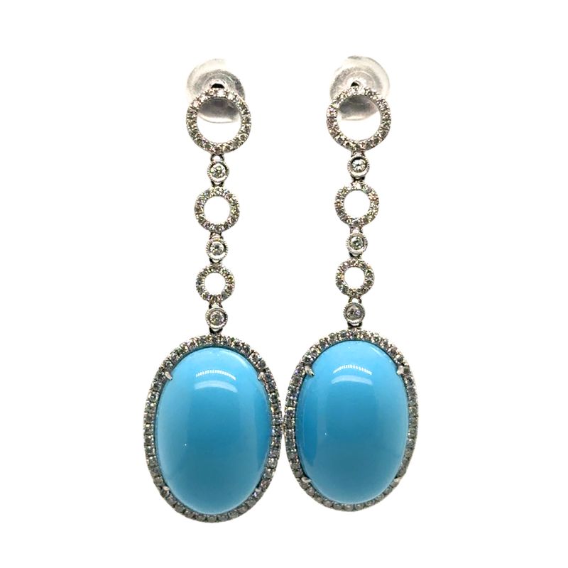 White Gold Turquoise Cabochon and Diamond Halo Drop Earrings
