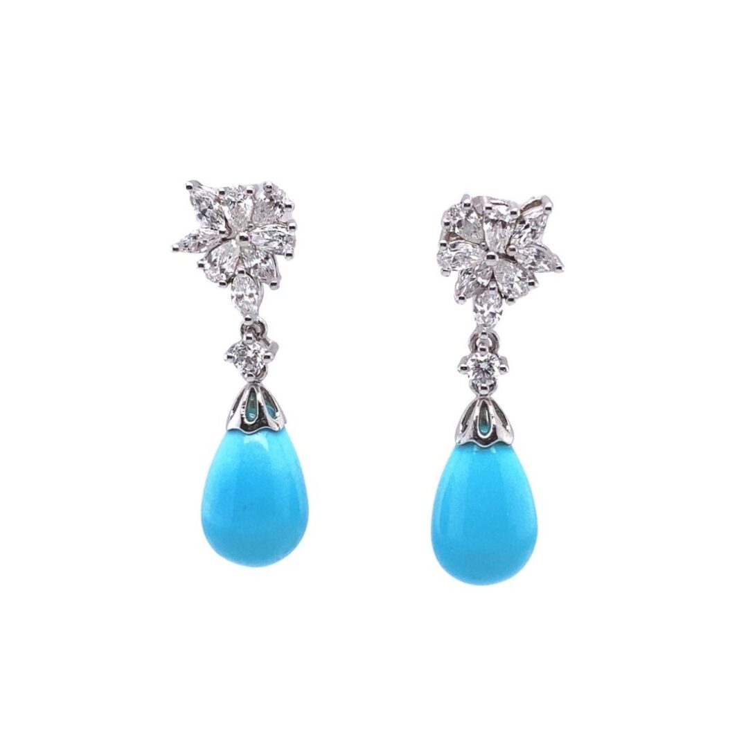 1.00ct Floral Diamond Tuquoise Drop Earrings, 14kt White Gold