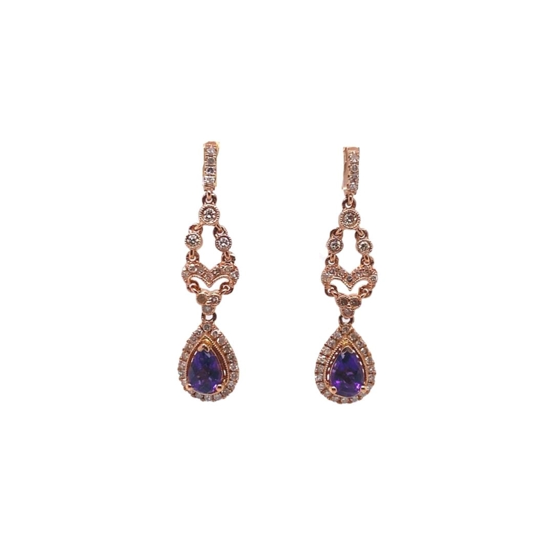 Pear Shaped Amethyst and Diamond Chandelier Drop Earrings, 14kt Rose
