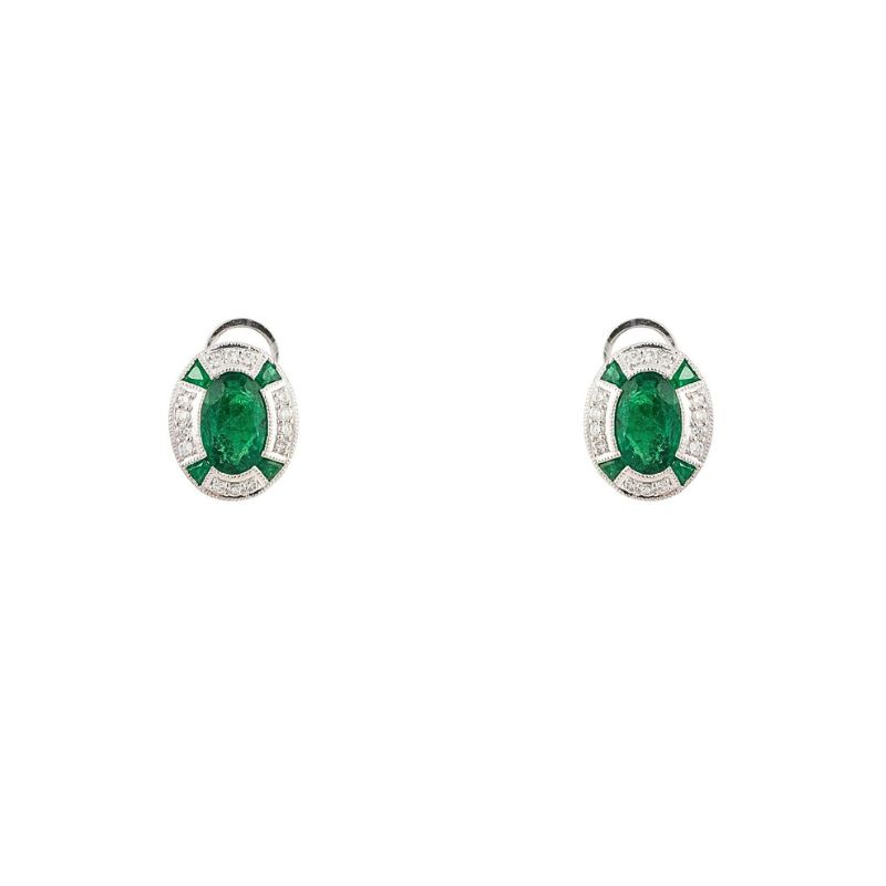 Oval Halo Contemporary 1.50ctw Emerald and Diamond Earrings, 18kt