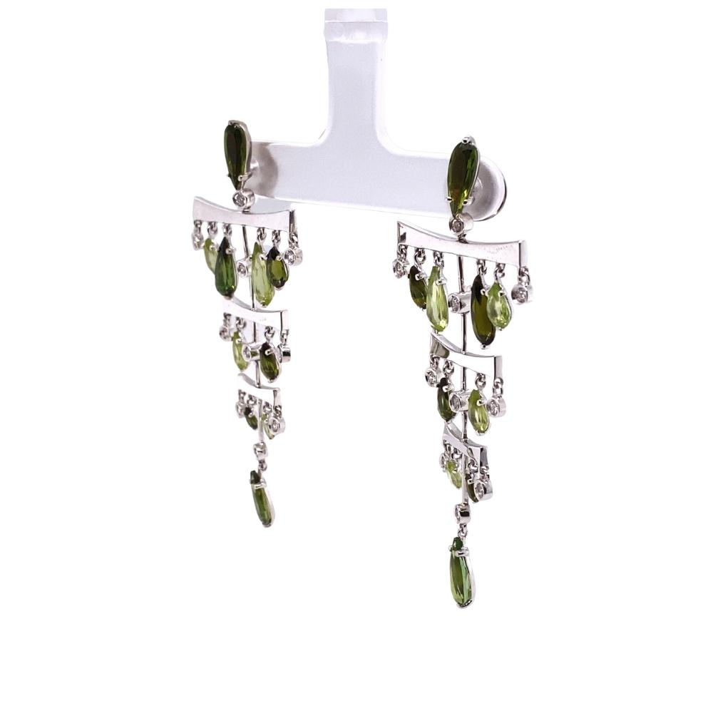 Brazilian Boutigue Peridot and Diamond Ladder Chandelier Earrings on post, 18kt white gold - Image 2