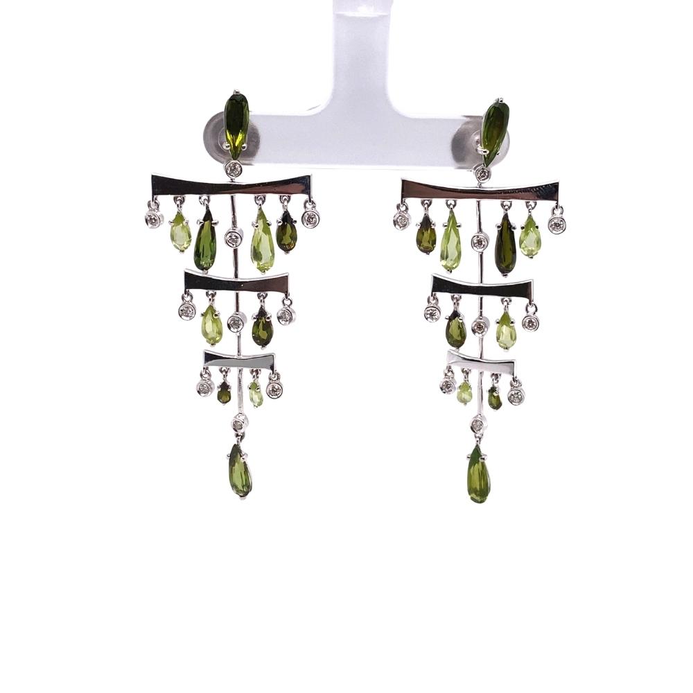 Brazilian Boutigue Peridot and Diamond Ladder Chandelier Earrings on post, 18kt white gold