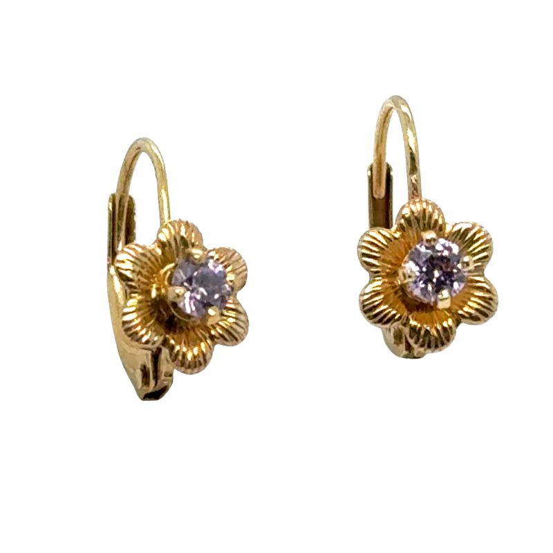 Flower Drop Earrings with Pink Stone, 14kt Yellow - Image 2