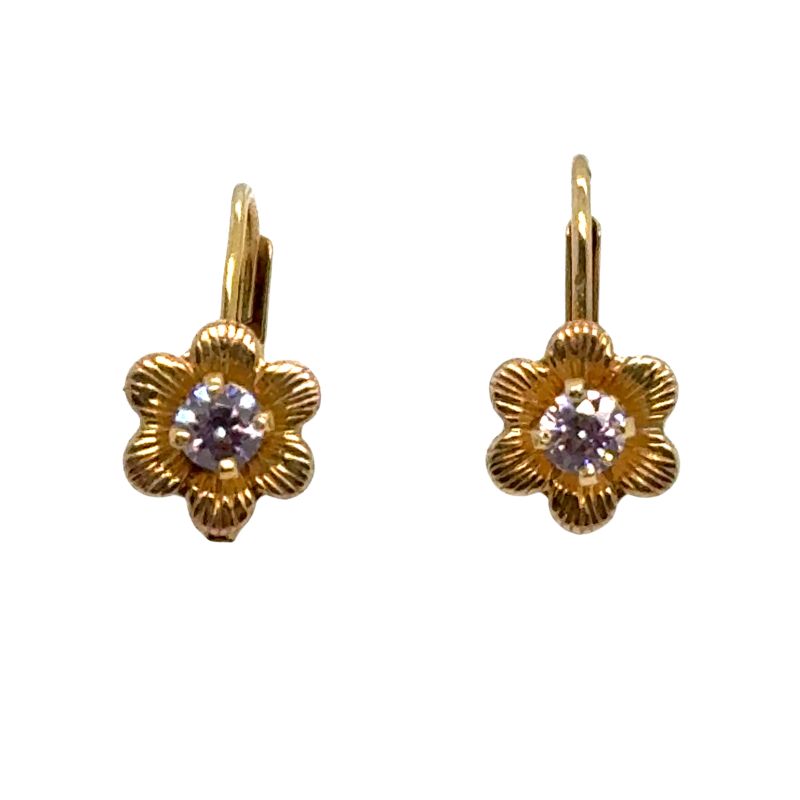 Flower Drop Earrings with Pink Stone, 14kt Yellow