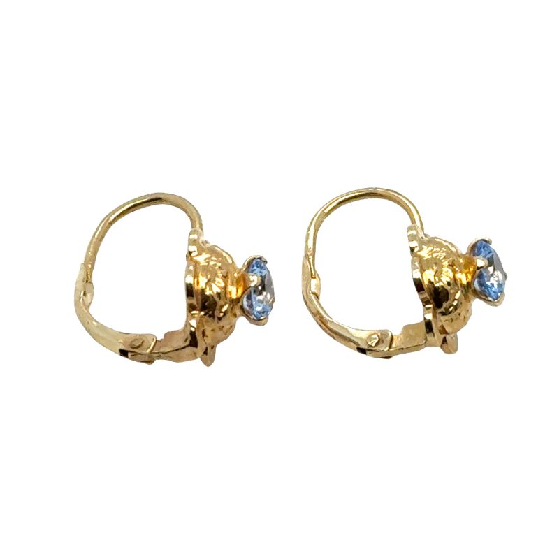 Flower Drop Earrings with Sky Blue Gem, 14kt Yellow - Image 2