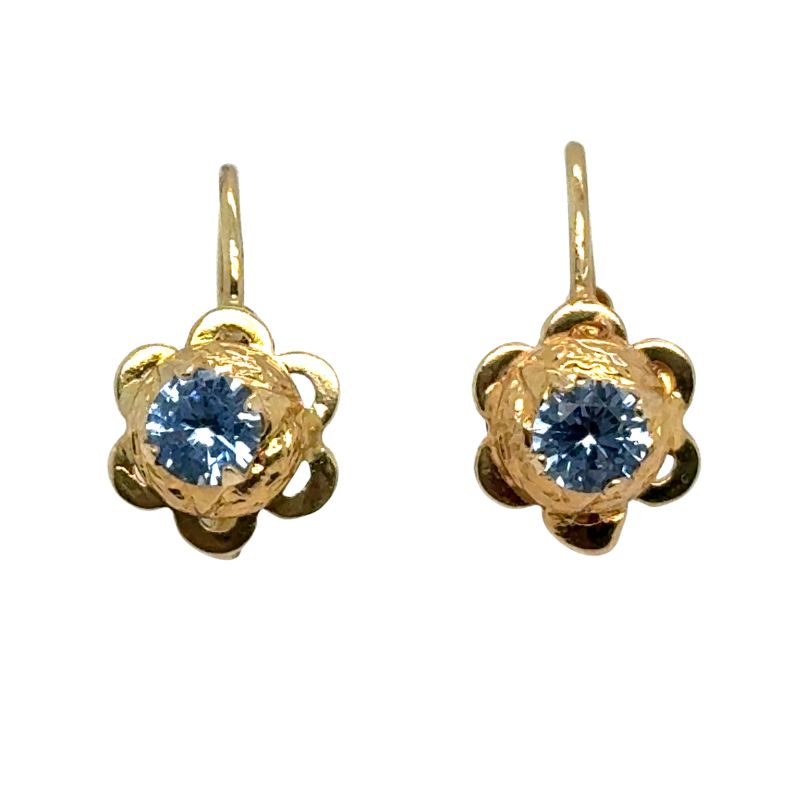 Flower Drop Earrings with Sky Blue Gem, 14kt Yellow