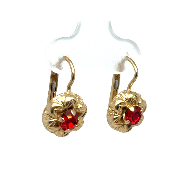 Flower Drop Earrings with Red Stone, 14kt Yellow - Image 2
