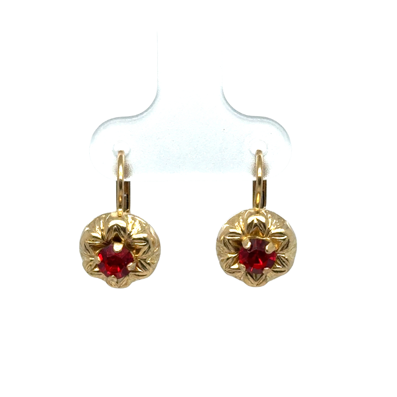 Flower Drop Earrings with Red Stone, 14kt Yellow