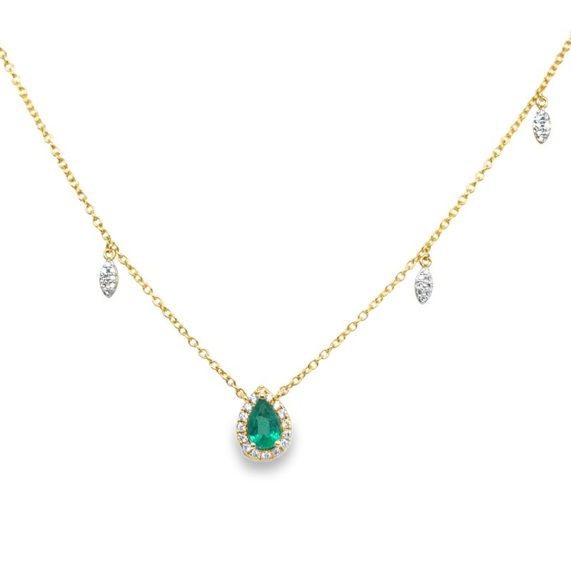 Pear-Cut Emerald Halo Charm Necklace 14KT Yellow Gold