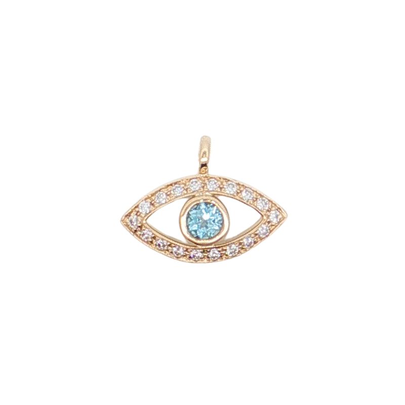 Small Evil Eye Diamond Pendant with Blue Topaz, 14kt Yellow
