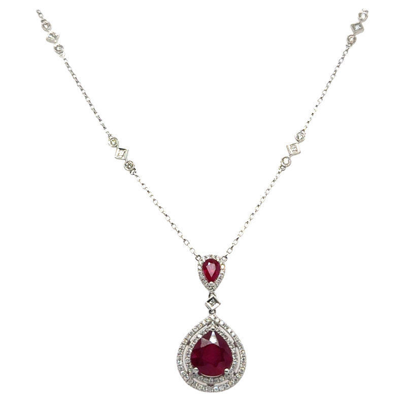 5.00ctw Double Tear Drop Ruby and Diamond Pendant on Chain, 18kt White