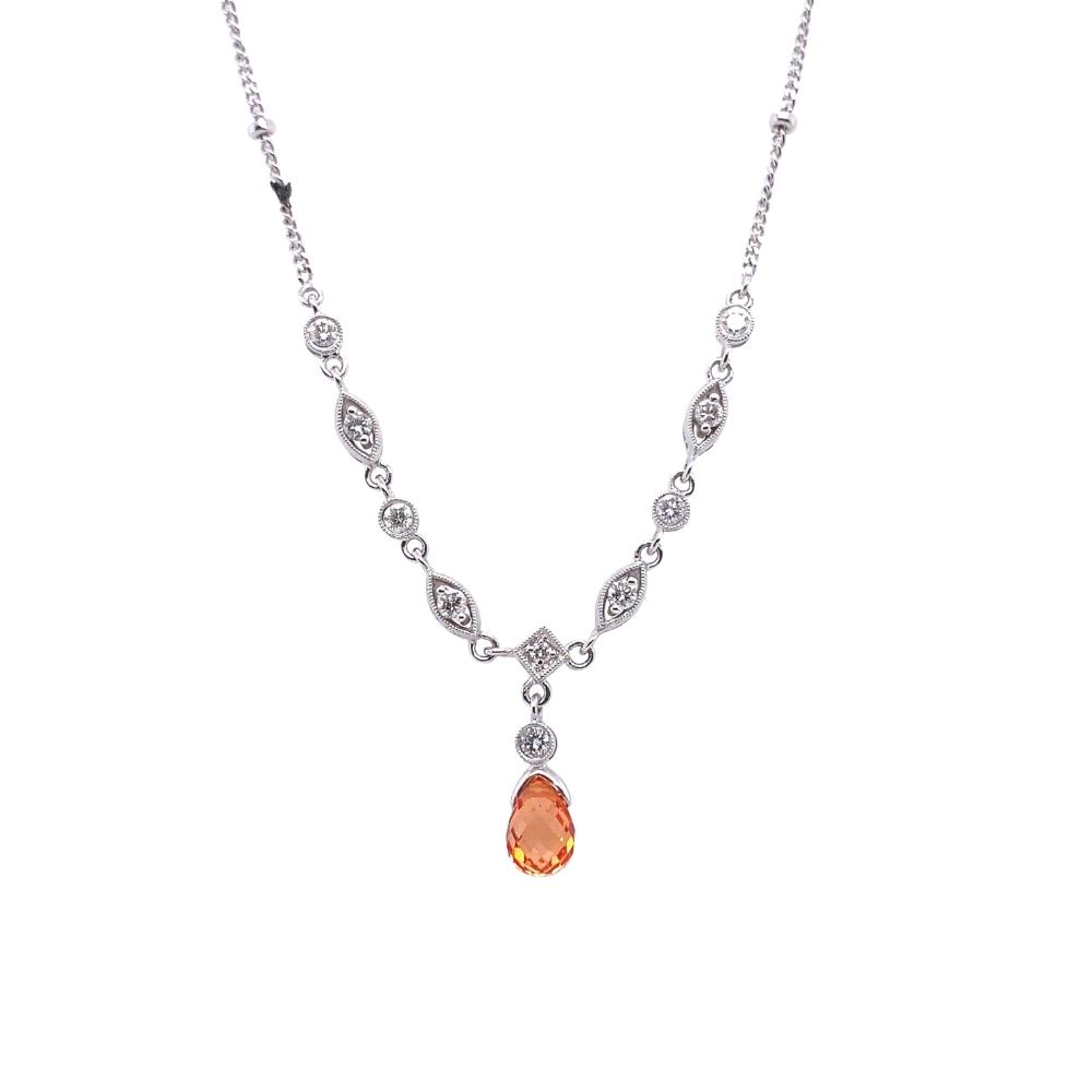 Vintage Style Peach Sapphire Briolette Necklace, 18kt white gold