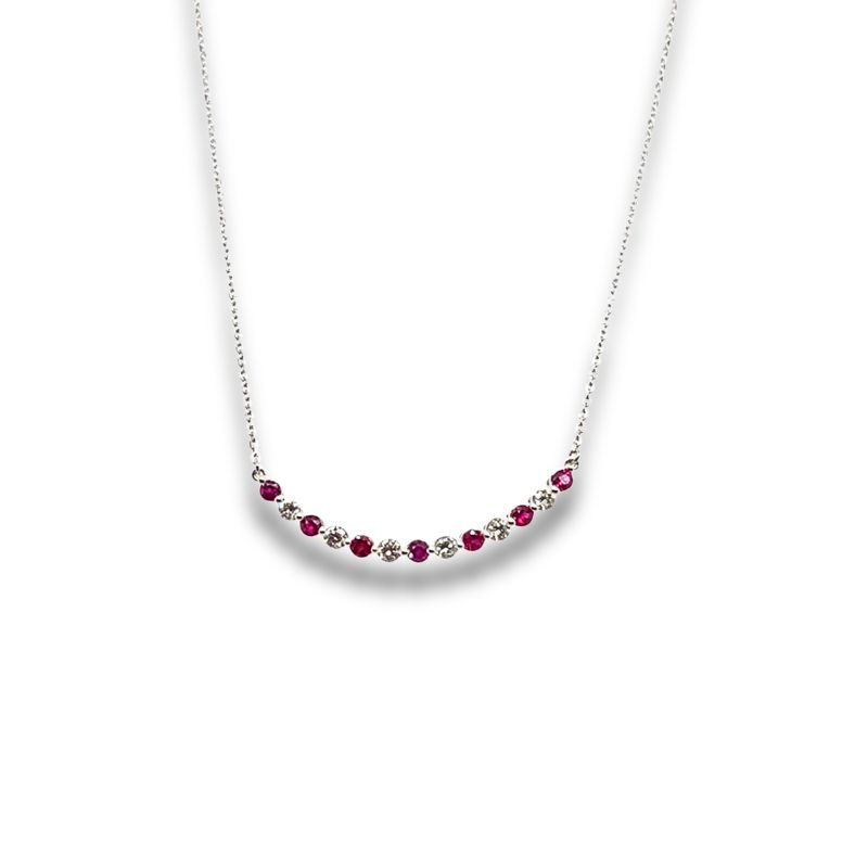 Cuved Bar Necklace with 1/3 Ct Ruby and 1/4 Ct Diamond, 14kt White