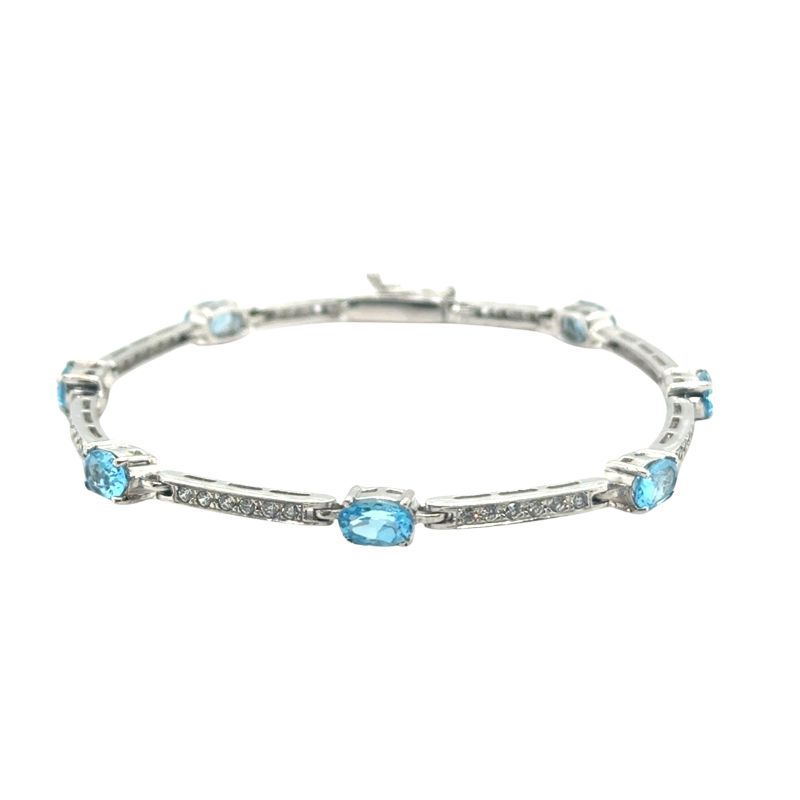 Oval Blue Topaz and CZ Station Bracelet in White Gold - Image 3