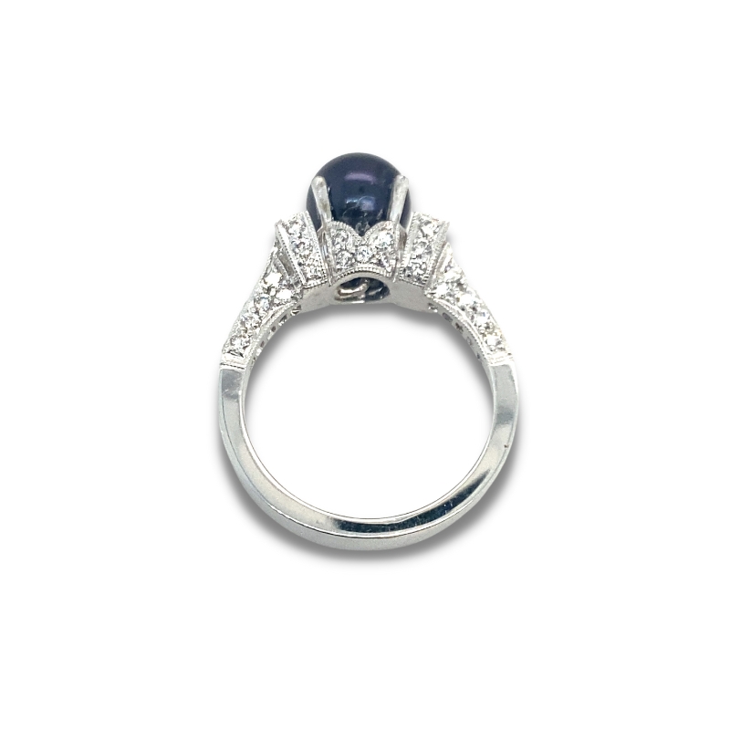 7.5mm Black Pearl Diamond Ring, Full Pave 0.85ctw - Image 3