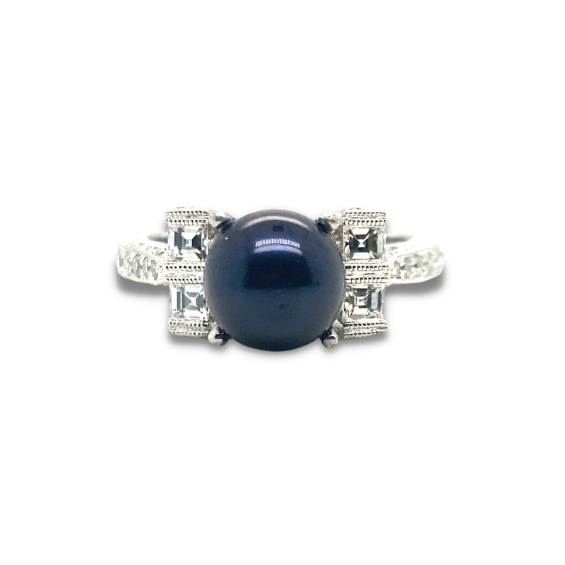 7.5mm Black Pearl Diamond Ring, Full Pave 0.85ctw
