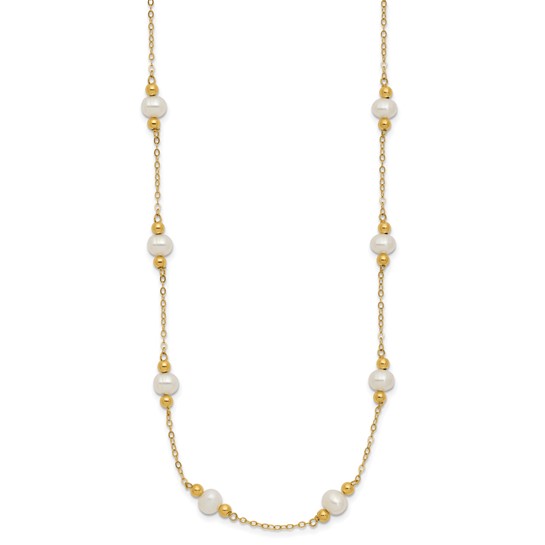 6-6.5mm Pearl Station Necklace with Diamond Cut Beads, 14kt Yellow