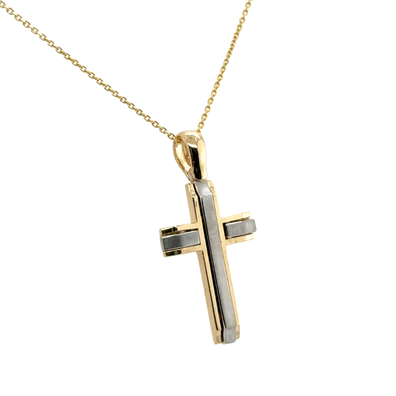 Two Tone Bi Level Modern Cross, 14kt