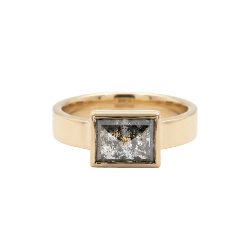 Bezel Set 1.76ct Rectangular Salt & Pepper Engagement, 14kt Yellow