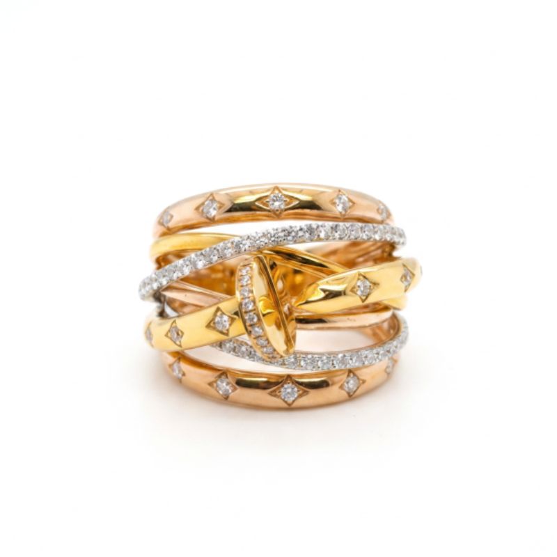 Tri-Color Multi-Row Nail Diamond Right Hand Ring
