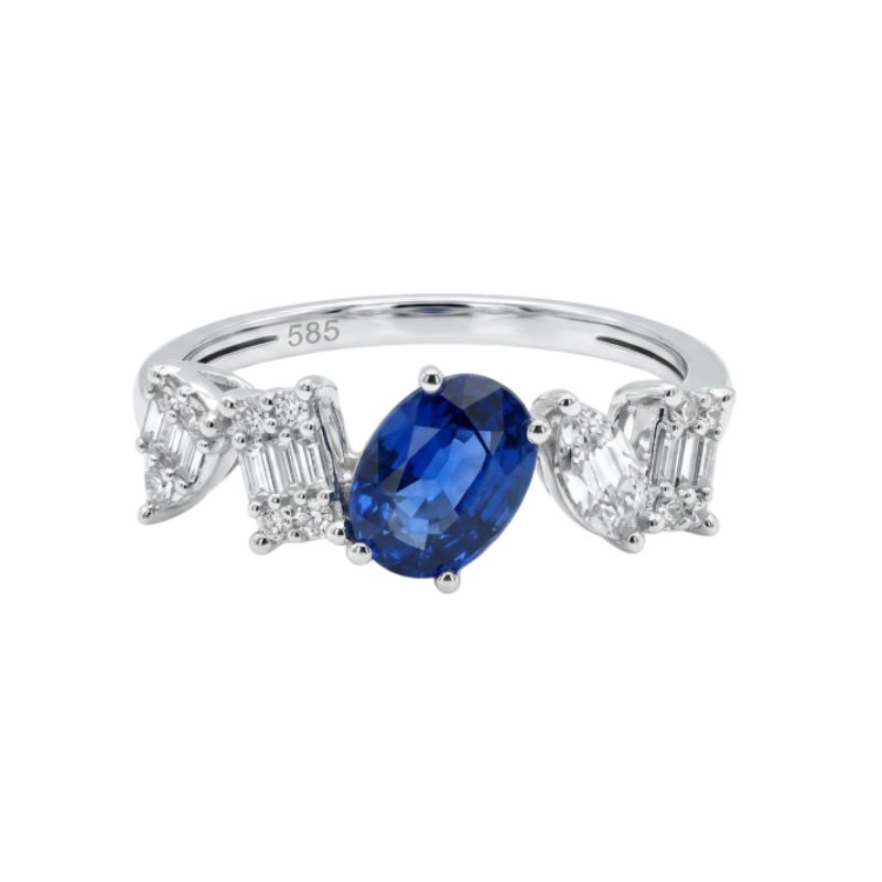 Alternating Shapes Diamond Ring with 1.00ctw Oval Blue Sapphire