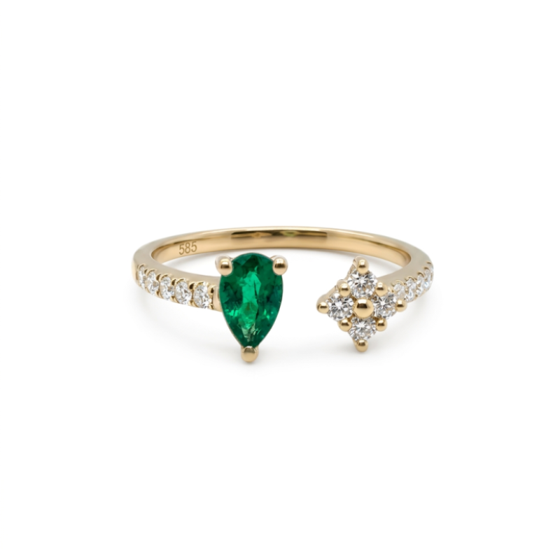 Bypass Ring with 0.40ct Pear Emerald and Star Diamond, 14kt Yellow
