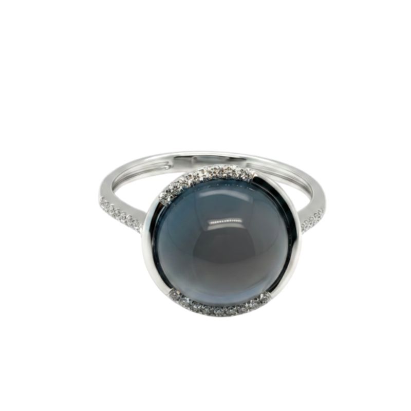 6.00ct London Blue Topaz Mother Of Pearl Diamond Modern Ring, 14kt White