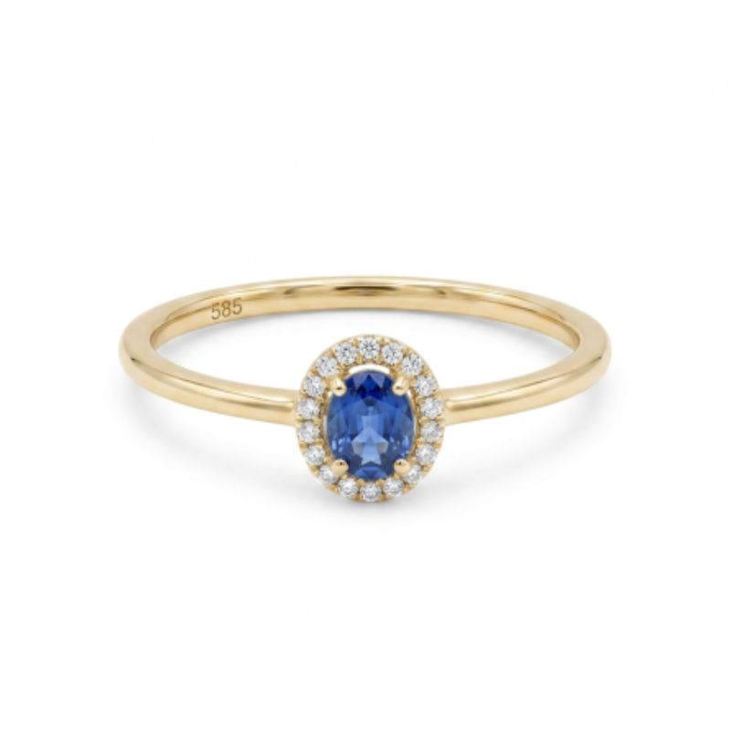 0.25ct Oval Blue Sapphire Petite Diamond Halo Ring, 14kt Yellow