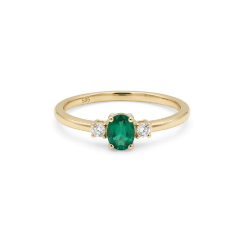 Oval Emerald and Diamond Three Stone Ring, 14kt Yellow