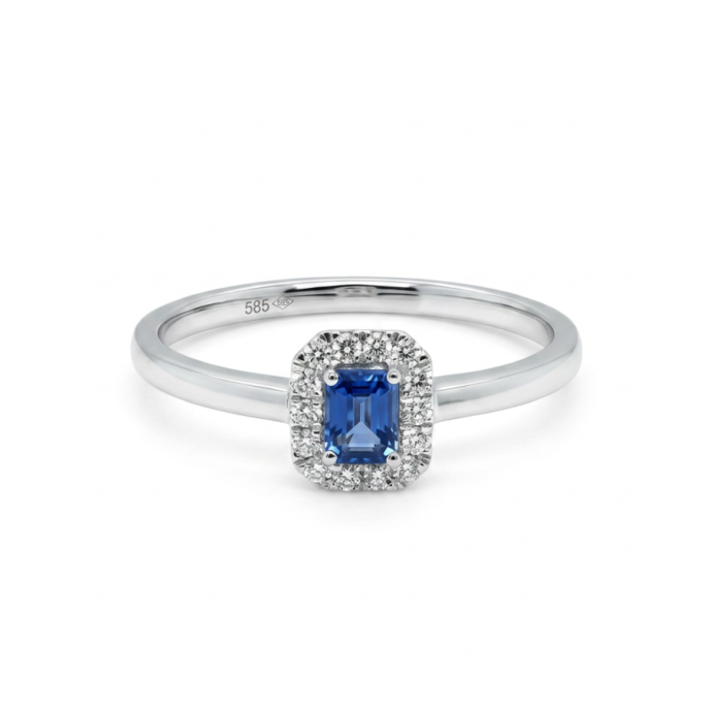 0.25ct EC Blue Sapphire with Diamond Halo Ring, 14kt White