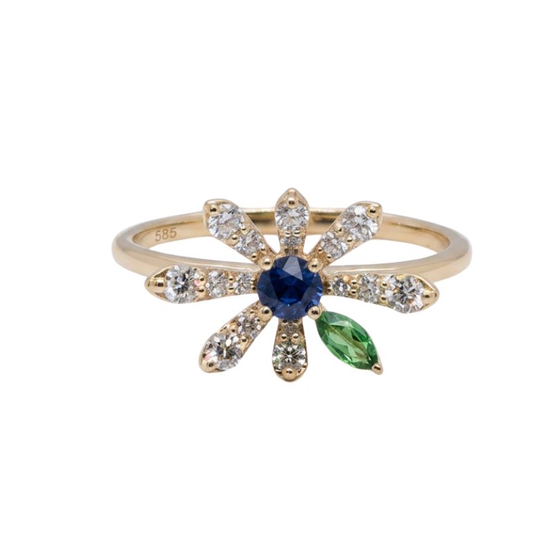 Starburst Ring with Diamonds, Tsavorite and Blue Sapphire, 14kt Yellow Gold