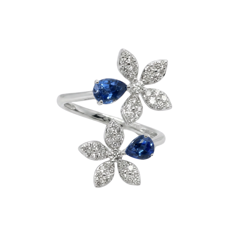 Floral Bypass Ring 0.50ct Diamond and 1.00ct Blue Sapphire, 14kt white