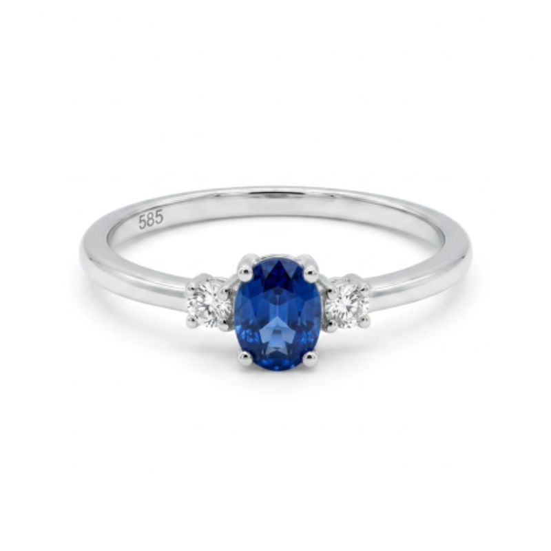 Oval Sapphire and Diamond Three Stone Ring, 14kt White