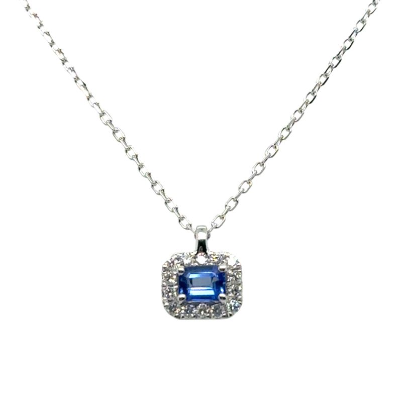 0.25ct AA Blue Sapphire Diamond Halo Pendant on Chain, 14kt