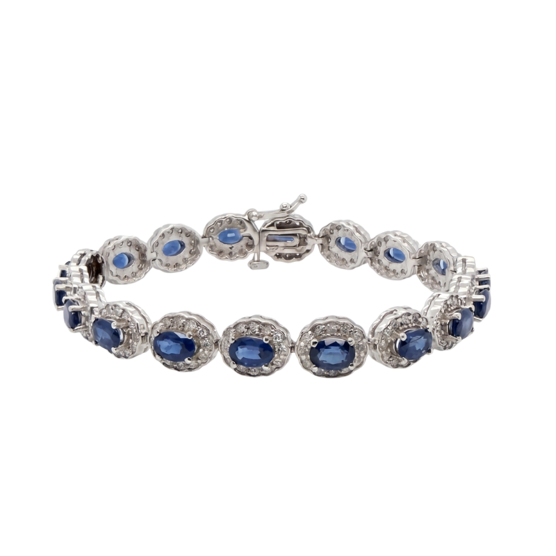 10ctw Oval Blue Ceylon Sapphire and 2.50ctw Halo Diamond Bracelet