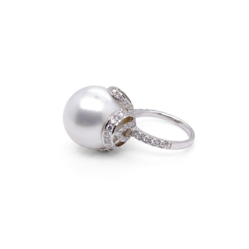 Large High Profile South Sea Pearl and 1.50ct Diamond Cocktail Ring, 14kt White