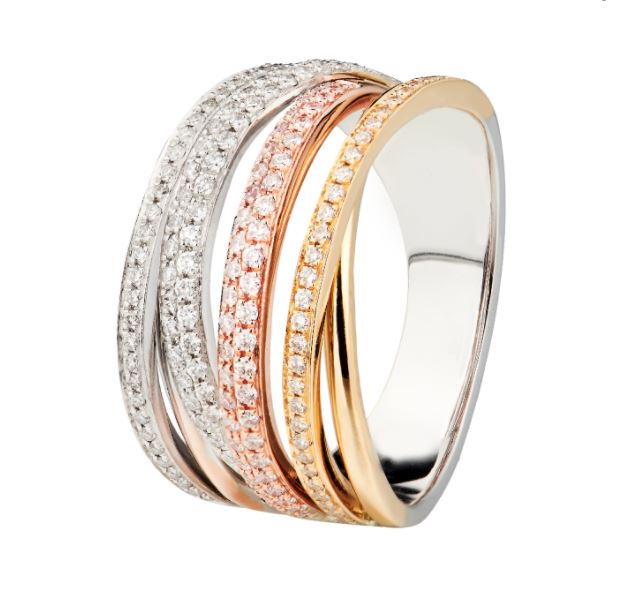 Tri-Color Overlapping Diamond Row Ring, 14kt Yellow, Rose and White Gold. - Image 2