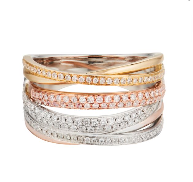 Tri-Color Overlapping Diamond Row Ring, 14kt Yellow, Rose and White Gold.