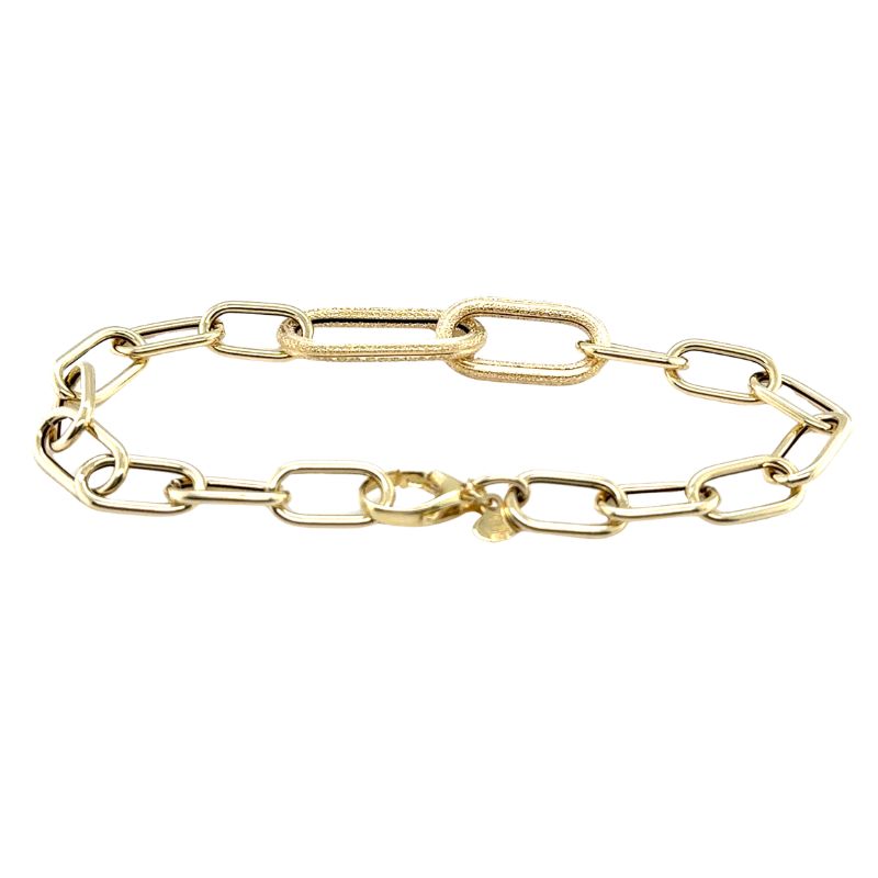 Paperclip Bracelet with Center Larger Satin Link, 14kt Yellow Italy